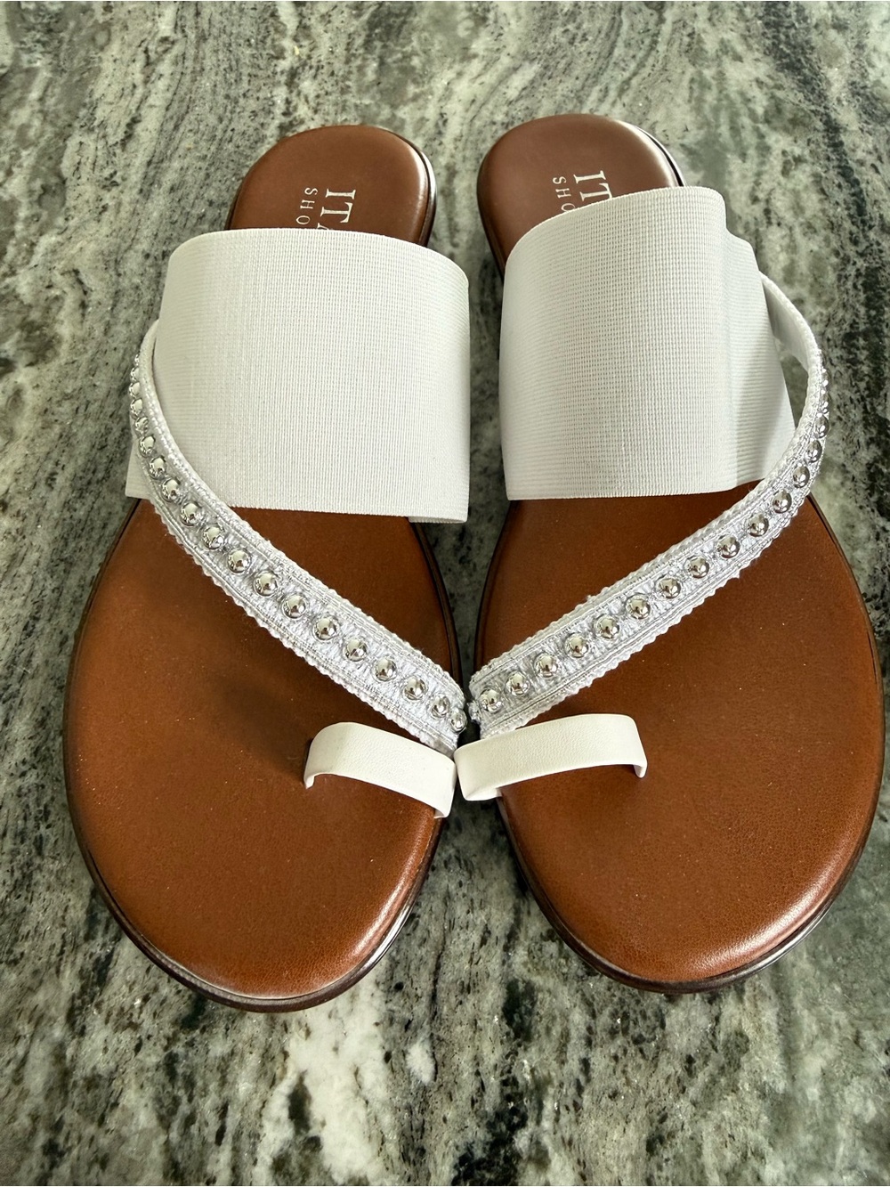 Italian Shoemakers White Beaded Toe-Ring Slide Sandals with Brown Footbed